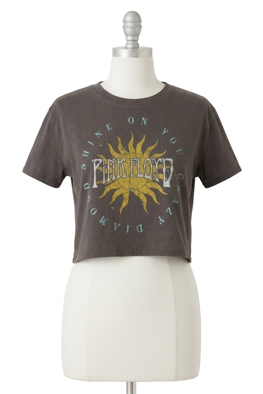 NEW RECYCLED KARMA pink floyd shine on cropped tee in black